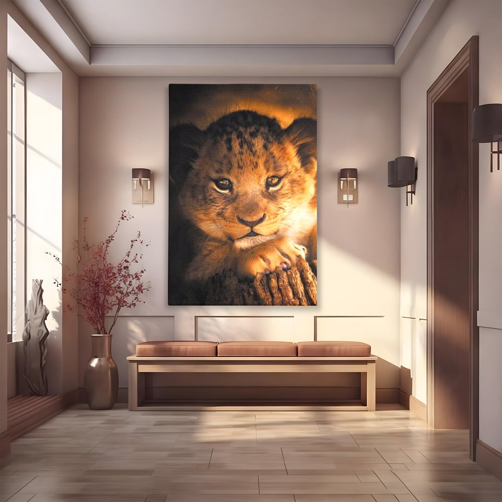 Tablou canvas cu tablou canvas cu portret de pui de leu, fara rama, pe sasiu de lemn